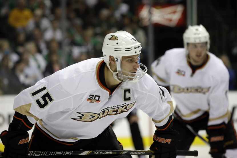 Anaheim Ducks' Ryan Getzlaf (15) prepares for a face off during Game 3 of a first-round NHL...