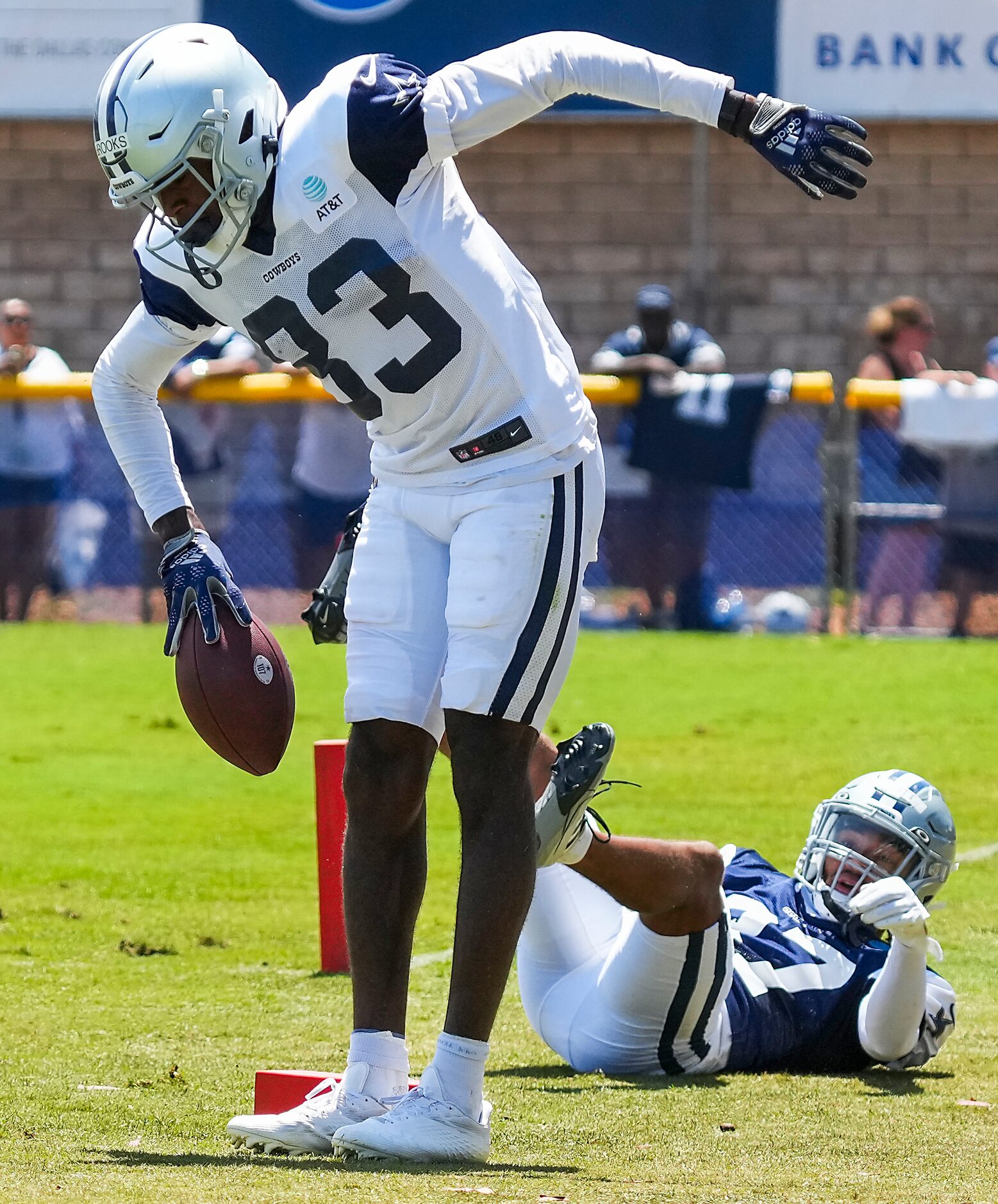 Dallas Cowboys wide receiver Jalen Brooks (83) celebrates after catching a touchdown pass...