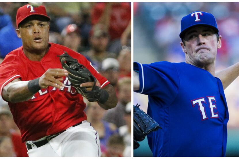 Rangers thirdbaseman Adrian Beltre (left) and pitcher Cole Hamels (right). Photos by Louis...