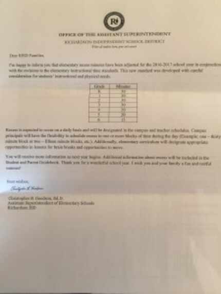  (Click to enlarge) A letter sent home to RISD parents about adjusted recess times.