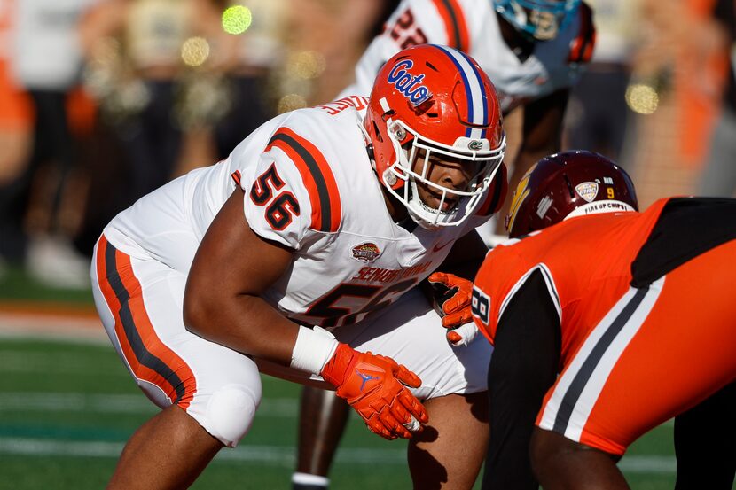 American offensive lineman O'Cyrus Torrence of Florida (56) during the first half of the...