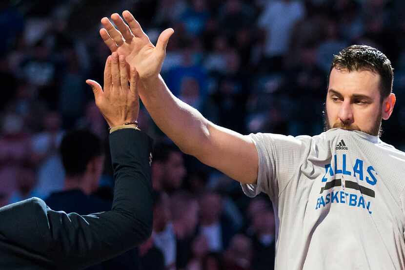 Dallas Mavericks center Andrew Bogut is introduced before the first half of an NBA...