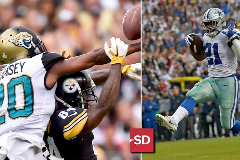 Left: Jalen Ramsey guards Steelers star WR Antonio Brown (AP Photo/Don Wright, File); right:...