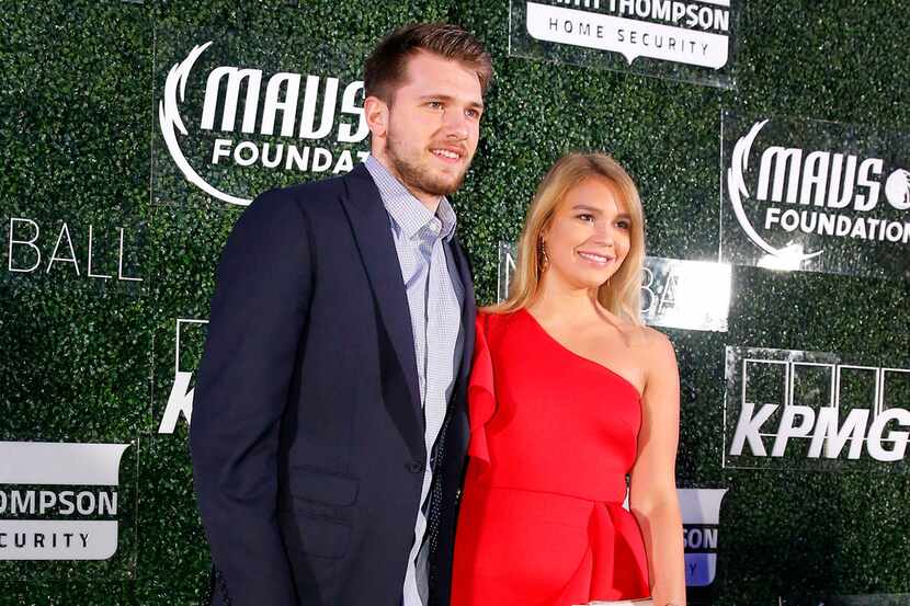 Dallas Mavericks forward Luka Doncic and his girlfriend Anamaria Goltes arrive on the "blue...