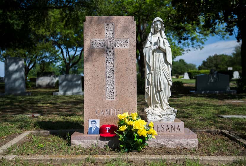 A portrait of Frank Campise and his cherished red Texas Rangers baseball cap rested near his...