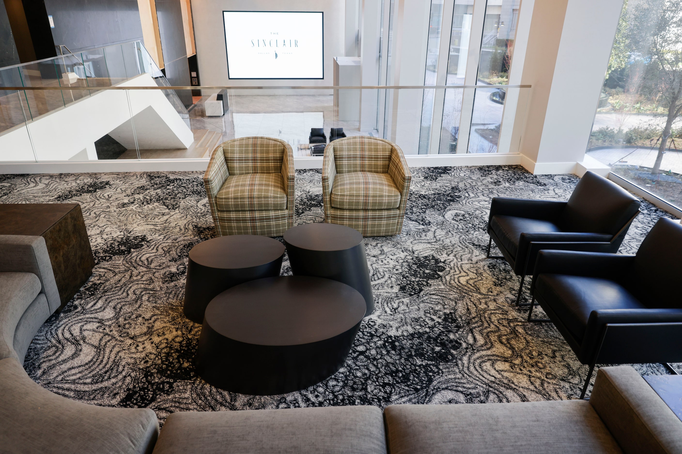 Office lobby lounge area of the newly renovated Energy Plaza office tower in Dallas. 