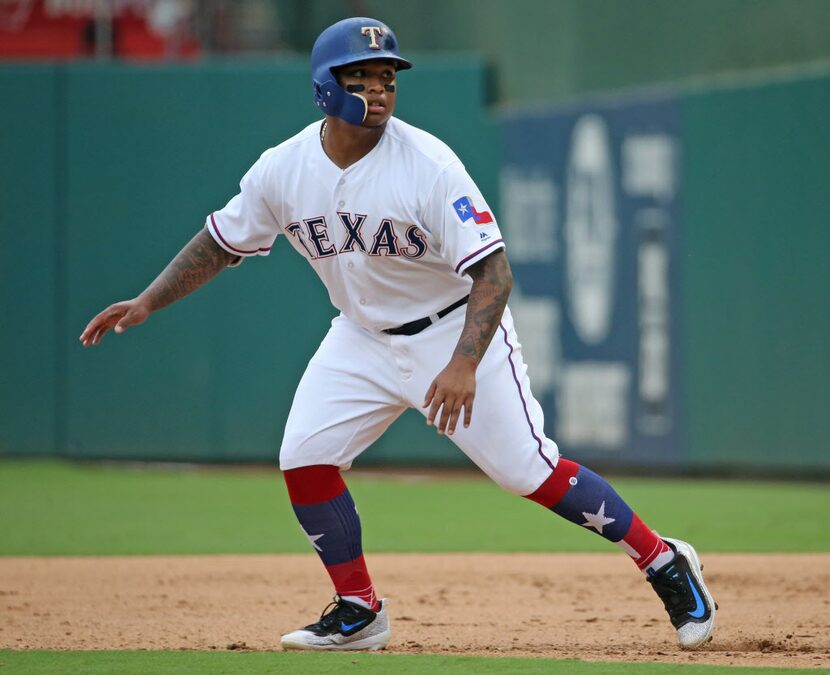 Texas Rangers left fielder Willie Calhoun (55) is pictured during the Houston Astros vs. the...