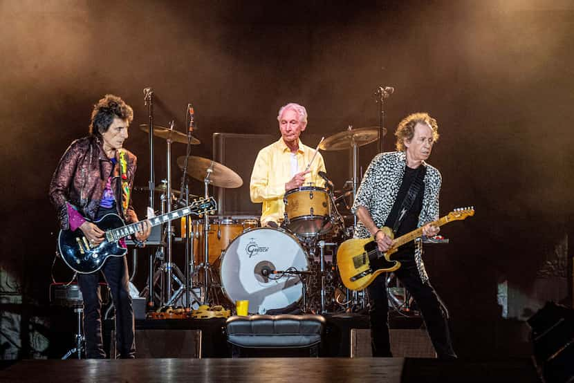 Ronnie Wood, from left, Charlie Watts and Keith Richards of The Rolling Stones perform at...