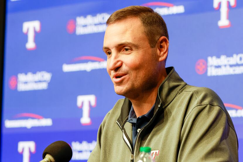 Texas Rangers general manager Chris Young introduces new pitcher Andrew Heaney at Globe Life...