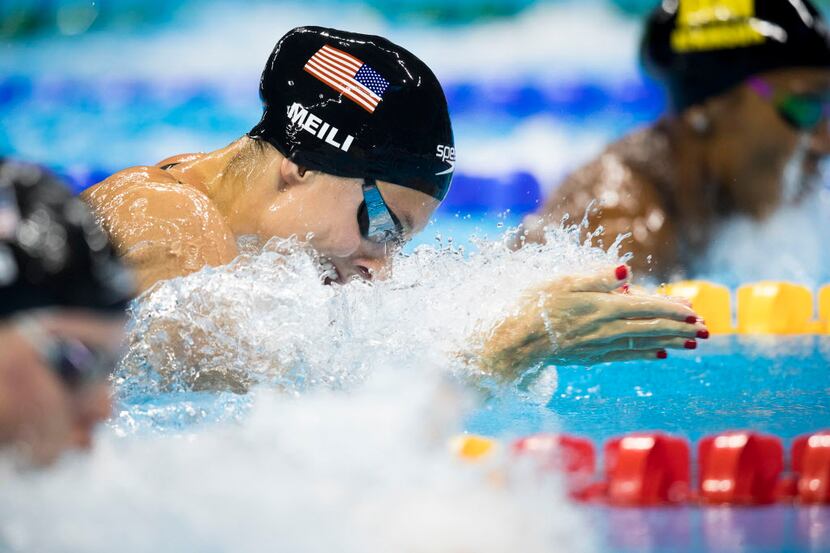 Katie Meili of the USA swimns in a women's 100m breaststroke semifinal at the Rio 2016...