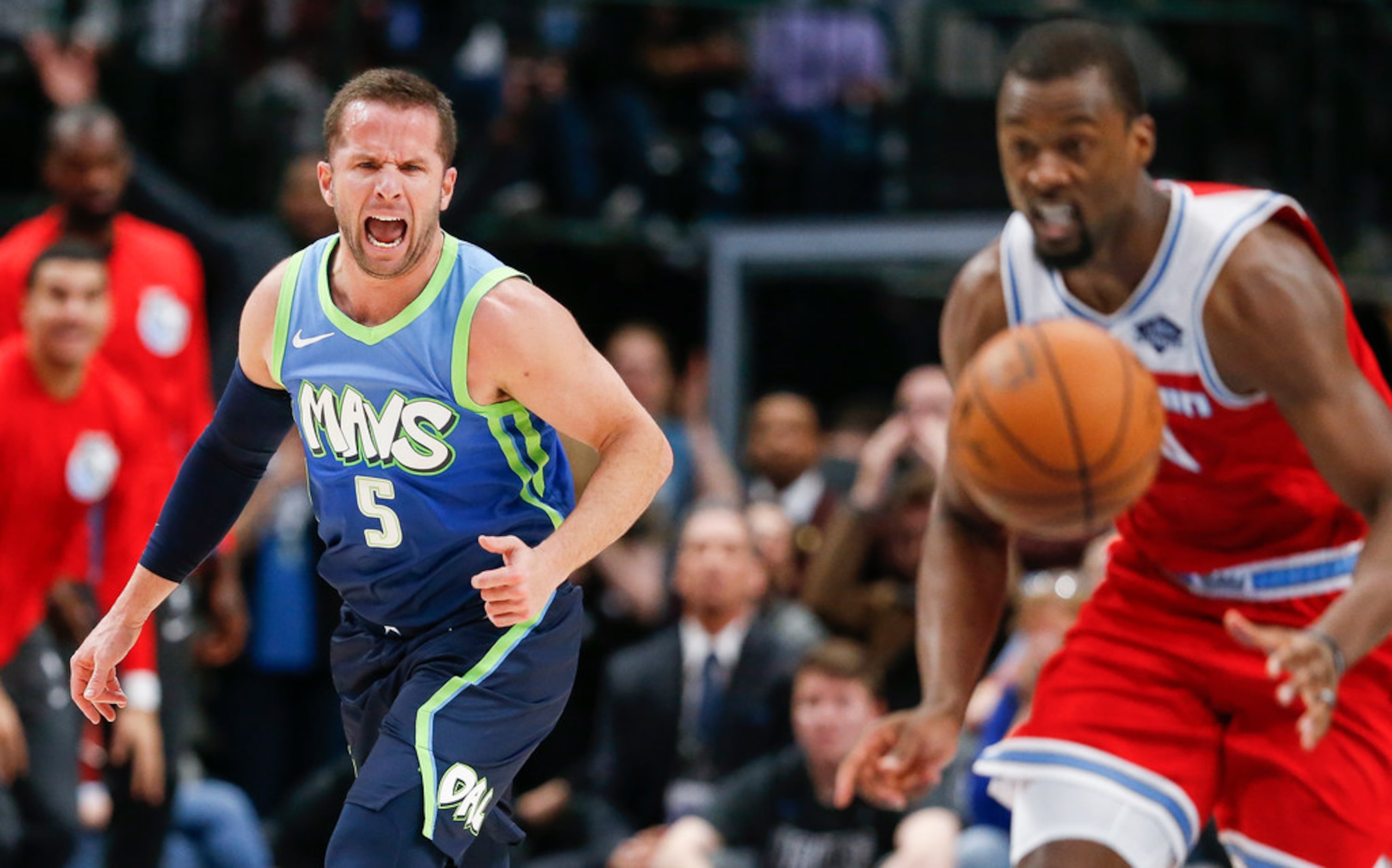 Dallas Mavericks guard J.J. Barea (5) reacts after Sacramento Kings forward Harrison Barnes...