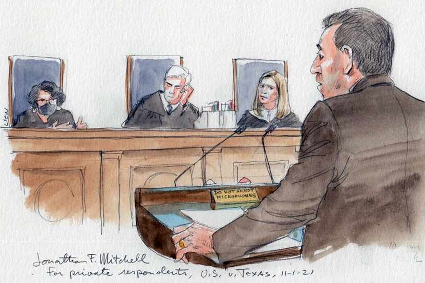 Jonathan Mitchell, shown in a courthouse sketch arguing before the U.S. Supreme Court in...