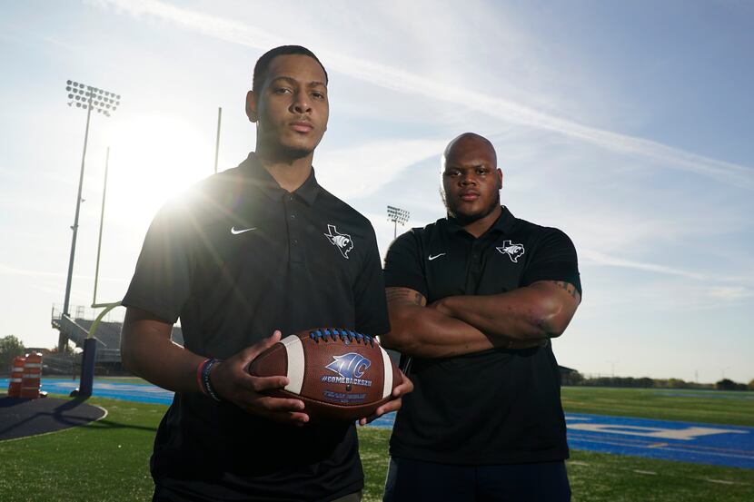Coaches Chason Virgil and Demerick Gary on the football field at North Crowley High School...