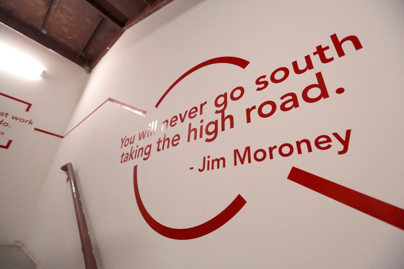 A quote from Jim Moroney can be seen in a stairwell at The Dallas Morning News' building on...
