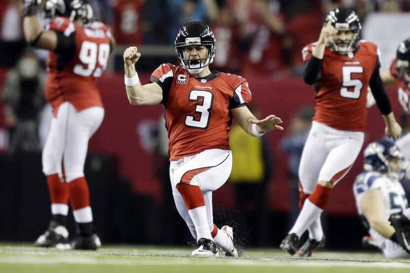 Atlanta Falcons kicker Matt Bryant (3) reacts to his game winning field goal against the...