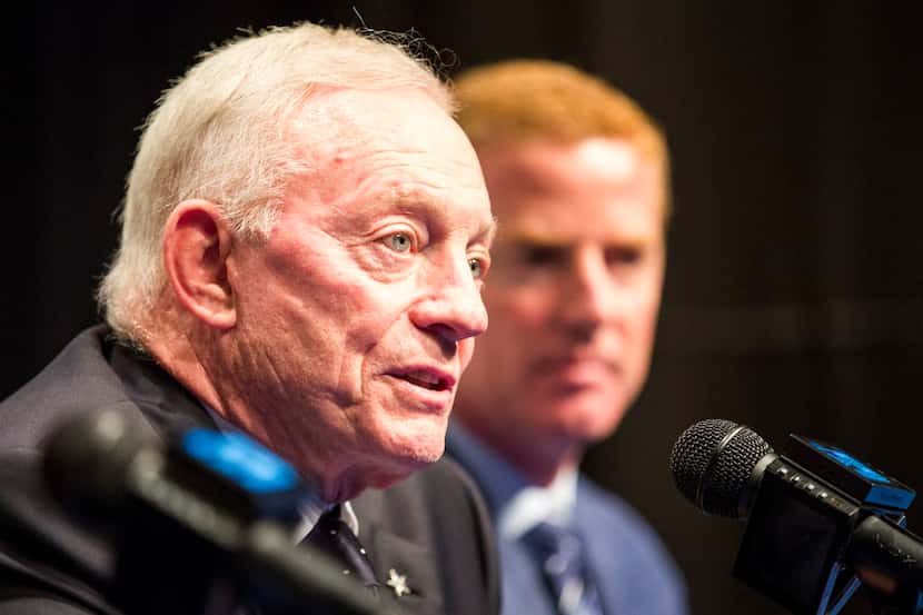 Dallas Cowboys owner Jerry Jones discuss the team's picks in the second and third rounds of...