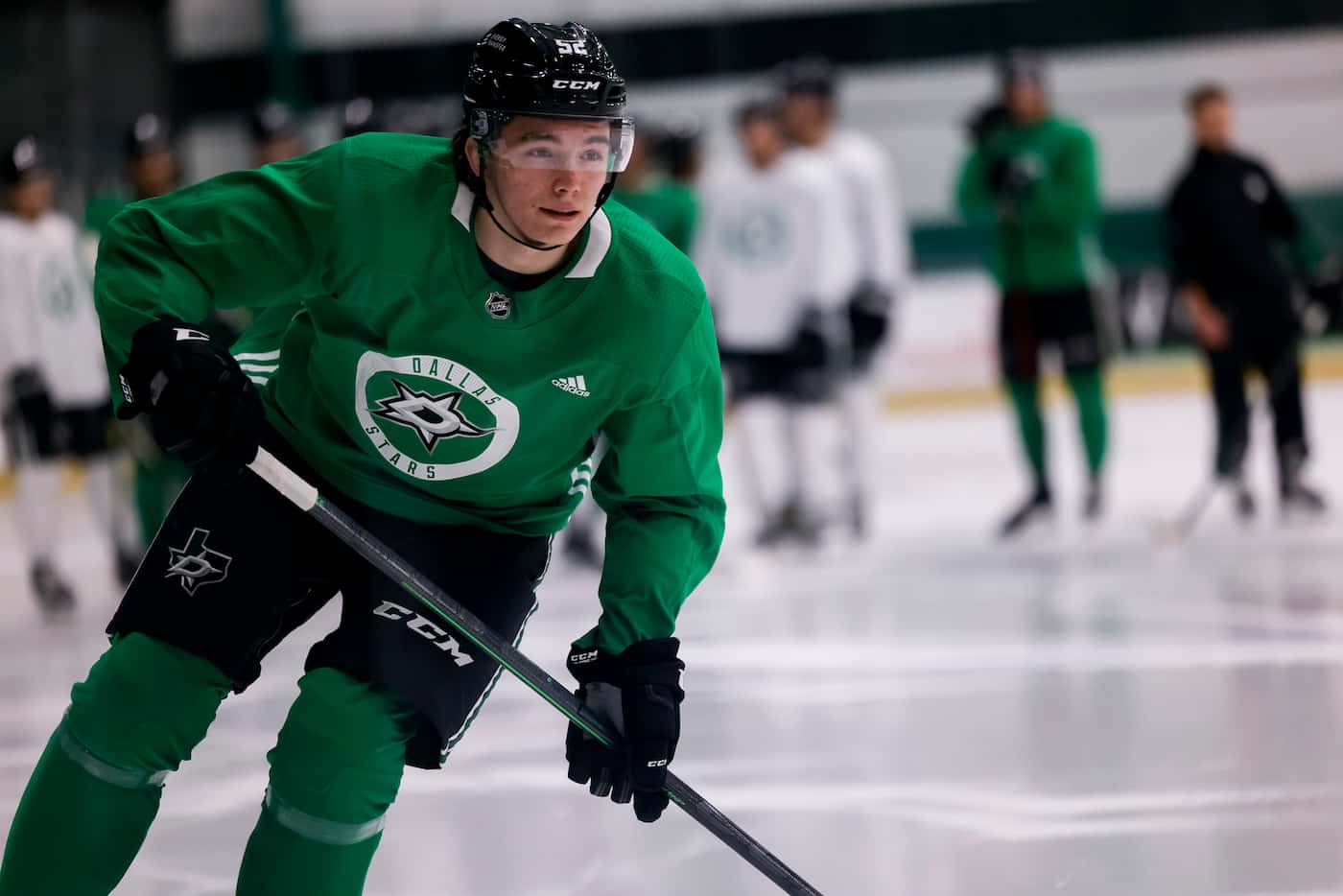 Conner Roulette (52) participates in a drill during the Stars’ annual development camp Group...