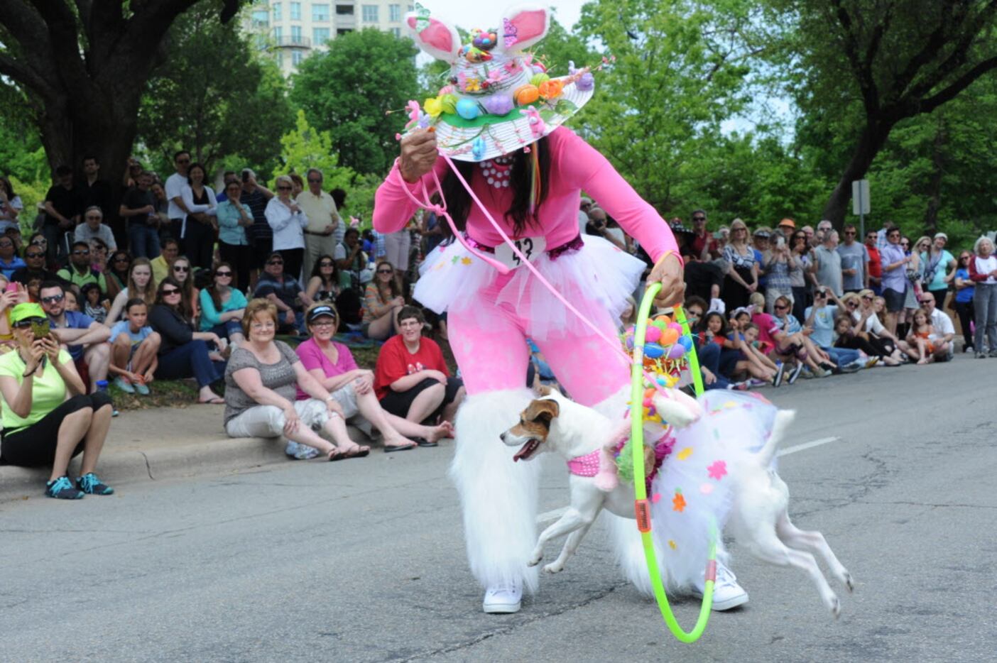 Dressed in her tutu, Sissy jumps through a hula-hoop at the annual Easter in Lee Park Pooch...