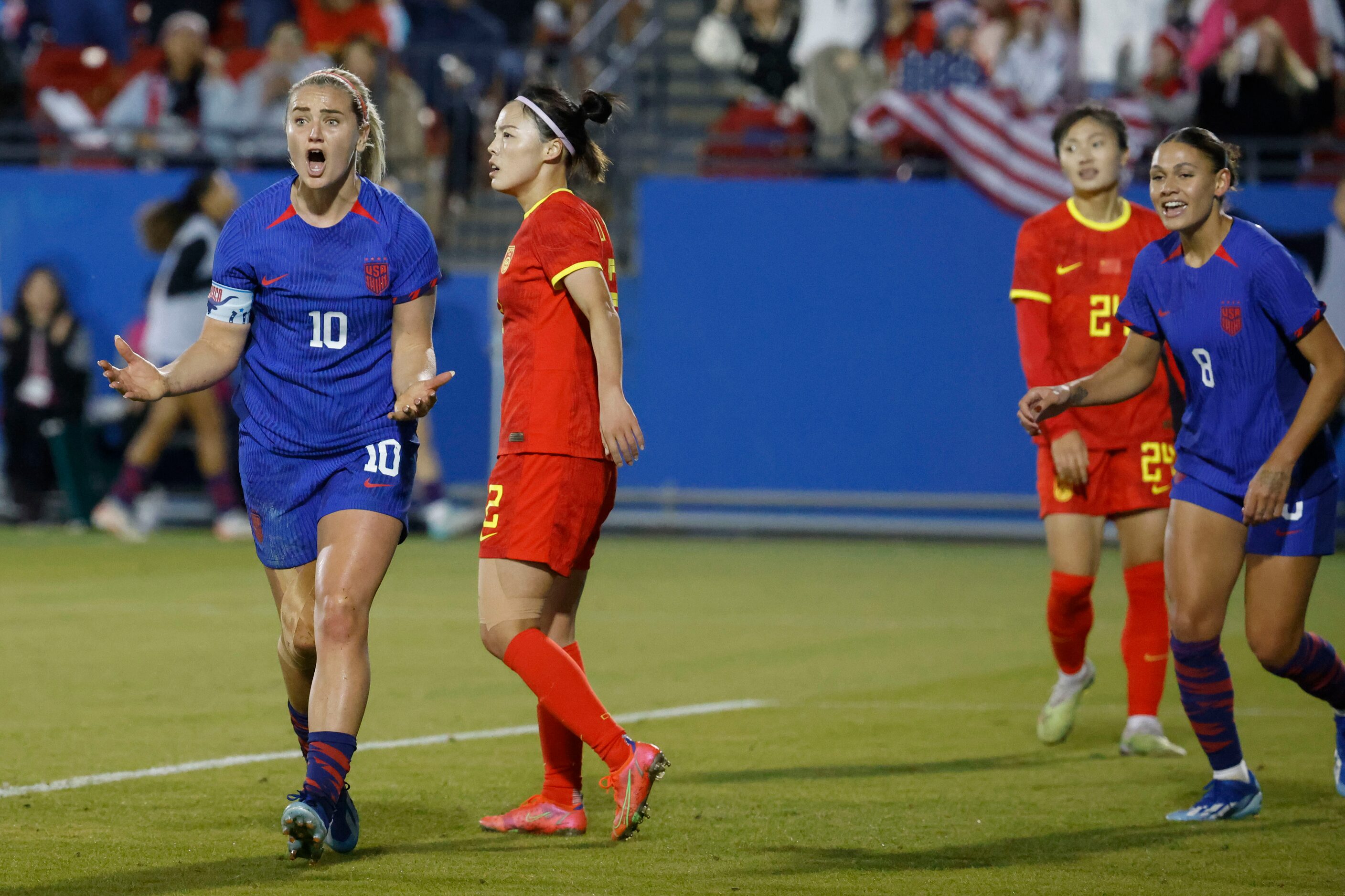 United States midfielder Lindsey Horan (10) reacts to offside call against China during the...