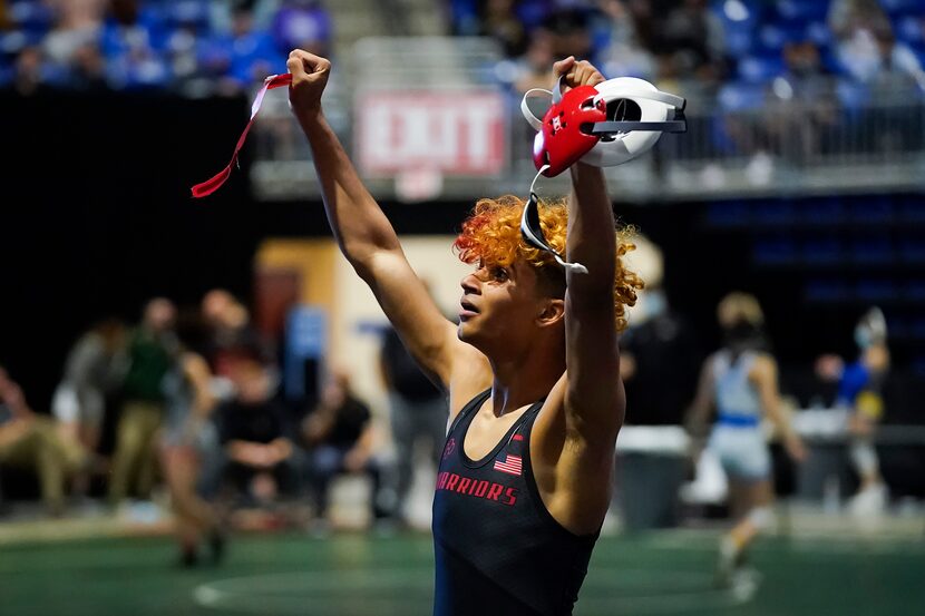 Shawn Ryncarz of Arlington Martin celebrates after defeating Anthony Marino of Conroe...