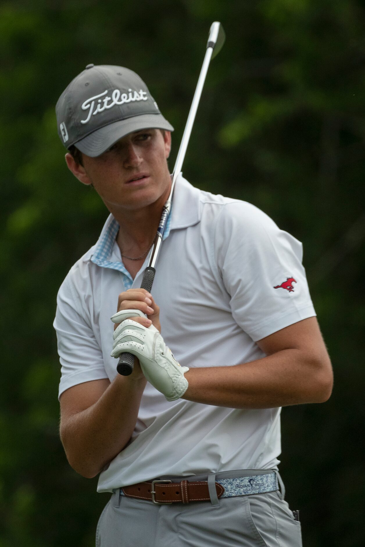 Richardson Pearce, Preston Stout, watches his shot on 15 during the UIL Class 6A State Golf...