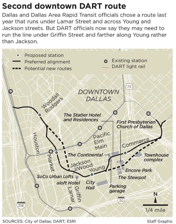 Current plans for DART's second downtown line call for the line to run under Lamar and...