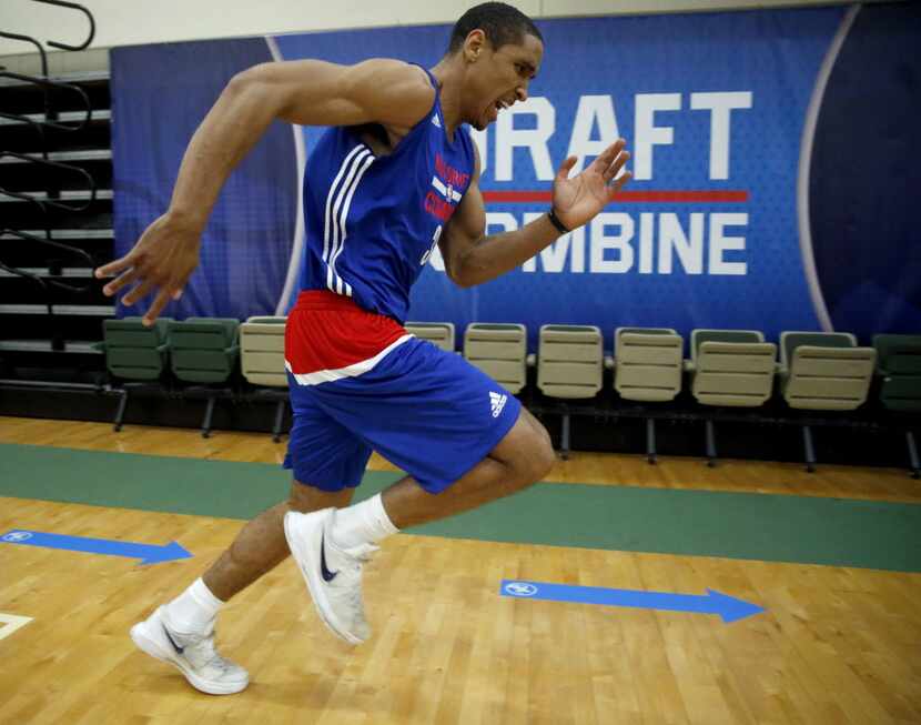 Malcolm Brogdon, from Virginia, participates in the NBA basketball draft combine Friday, May...