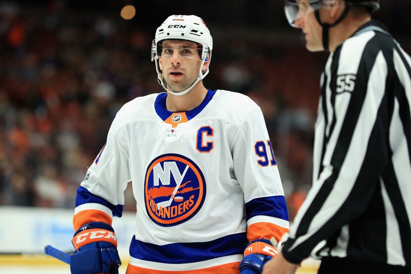 ANAHEIM, CA - OCTOBER 11:  John Tavares #91 of the New York Islanders looks on during the...