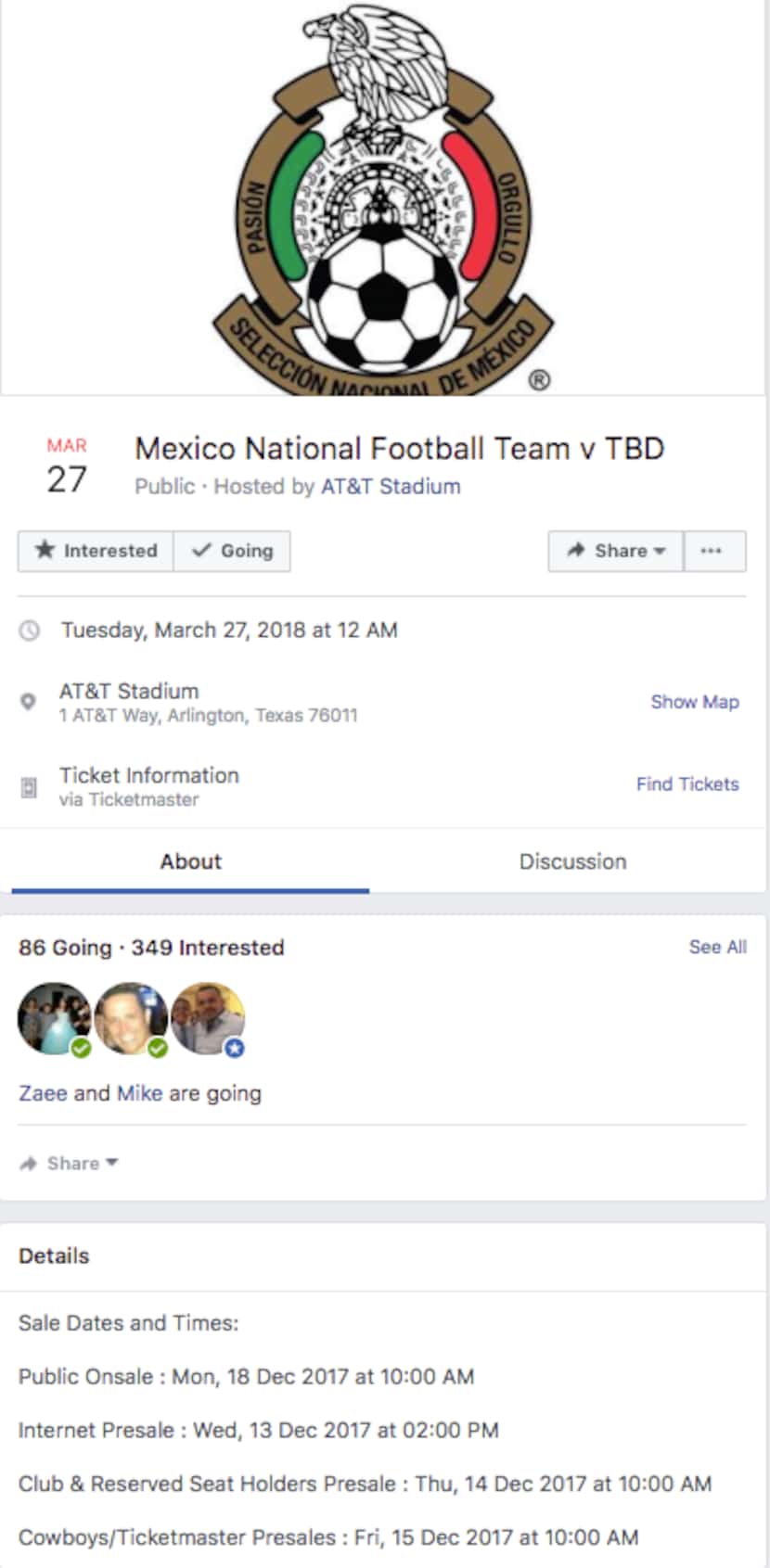 Anuncio del estadio en su Facebook
