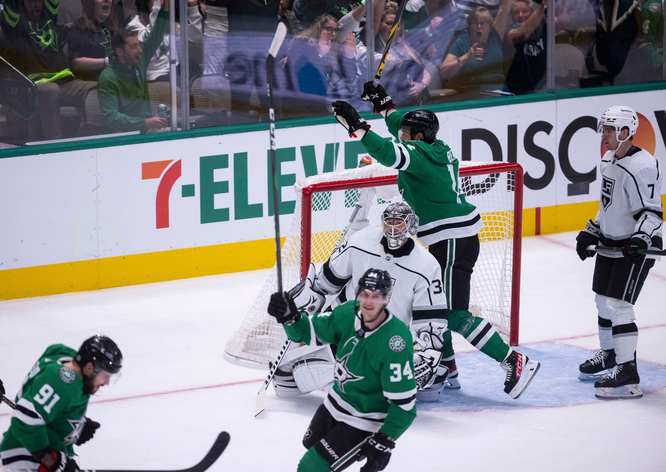 Players celebrate Dallas Stars center Tyler Seguin’s (91) score during the first period of a...