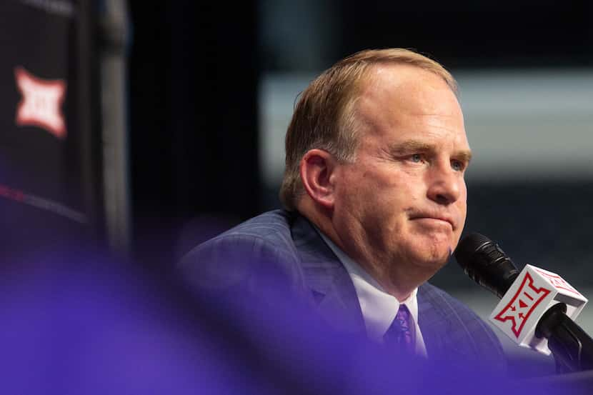 Texas Christian University head football coach Gary Patterson speaks during the Big 12...