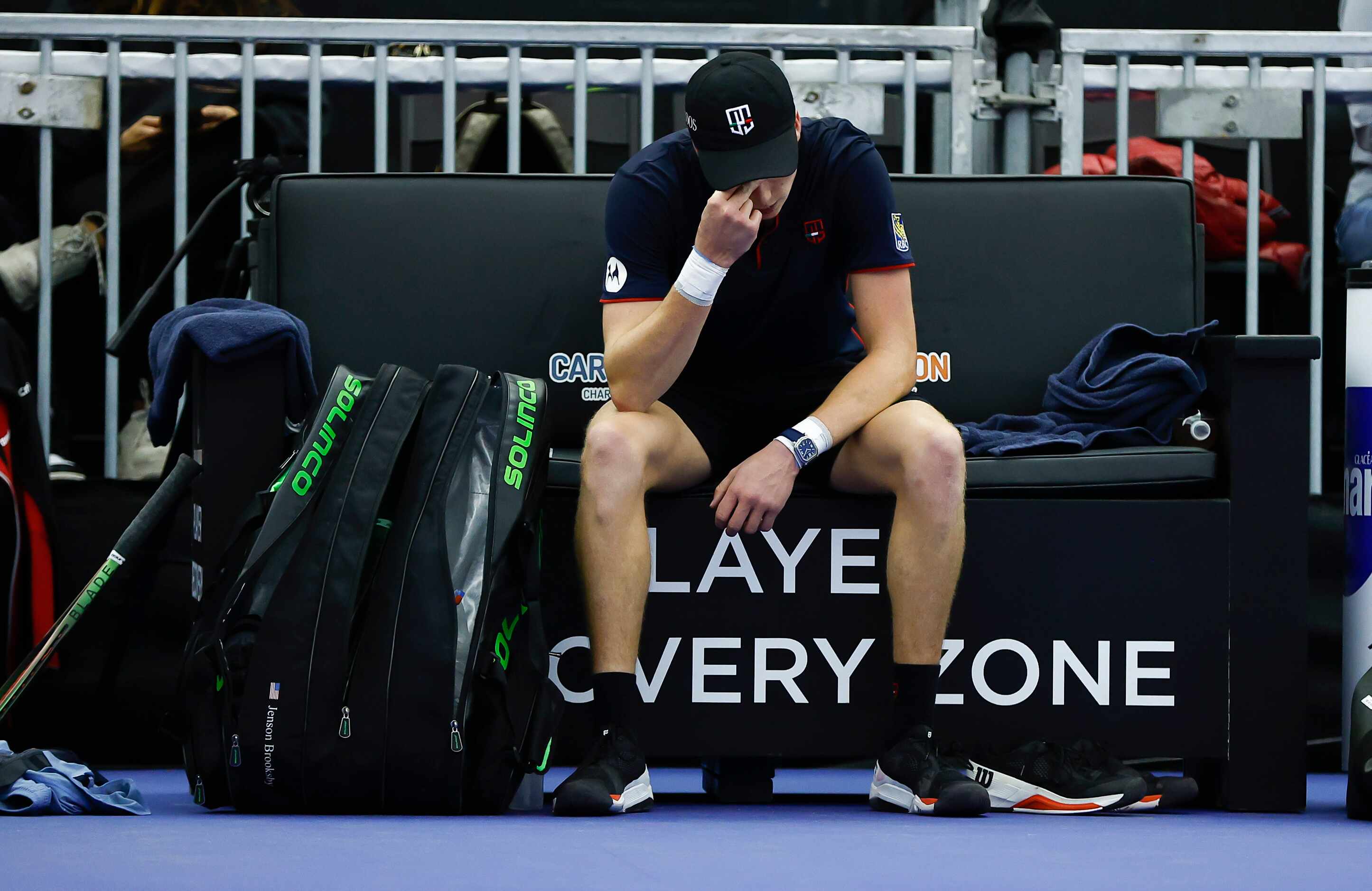 Jenson Brooksby reacts after losing a set during the finals of the ATP Dallas Open against...
