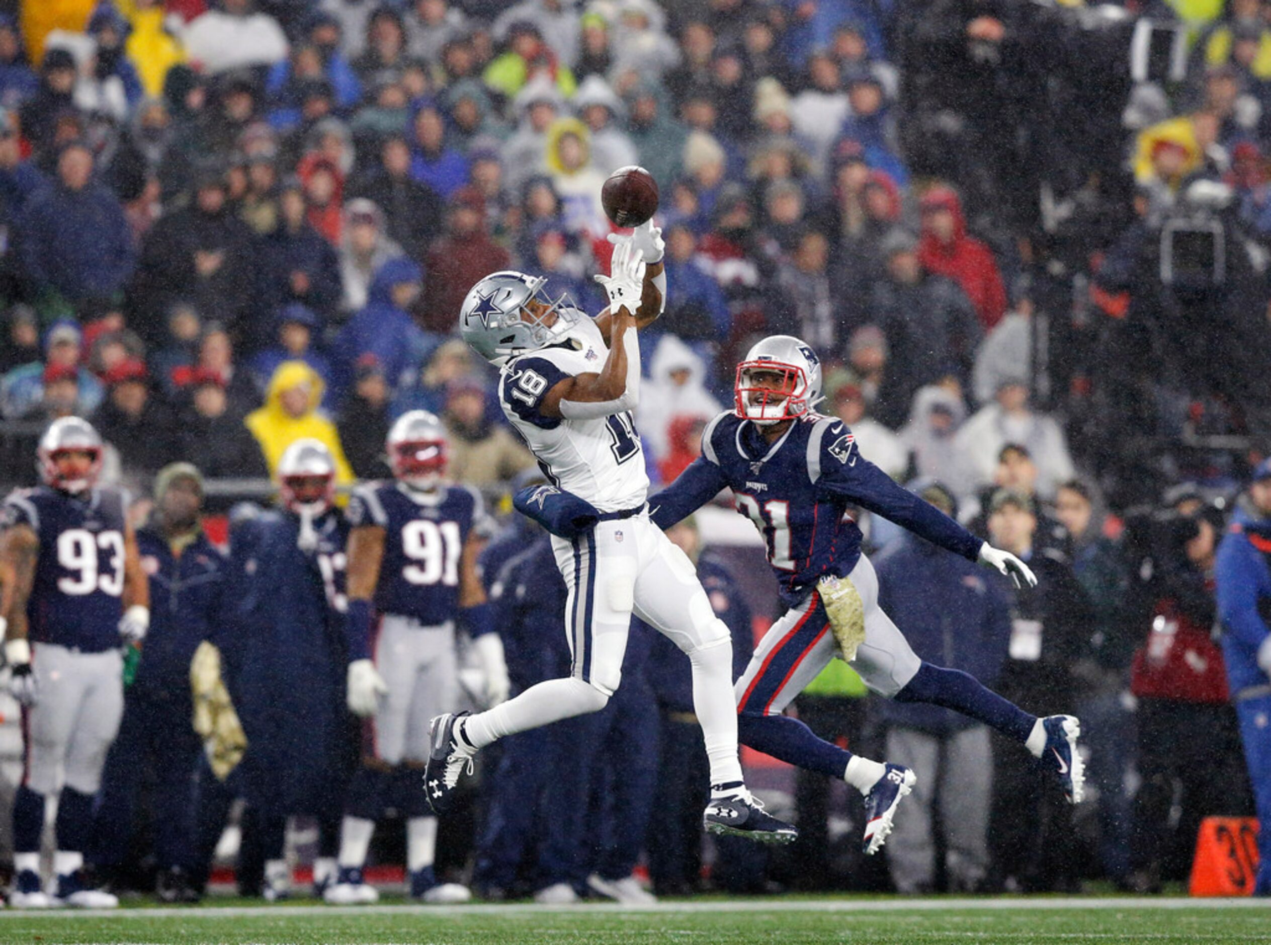 Dallas Cowboys wide receiver Randall Cobb (18) can't handle a Dak Prescott pass as he's...