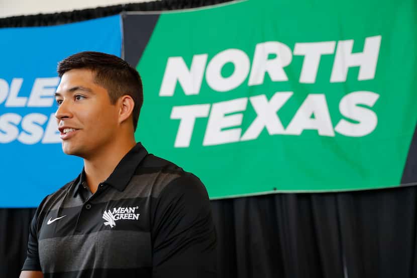 North Texas quarterback Mason Fine responds to questions in an interview during the...