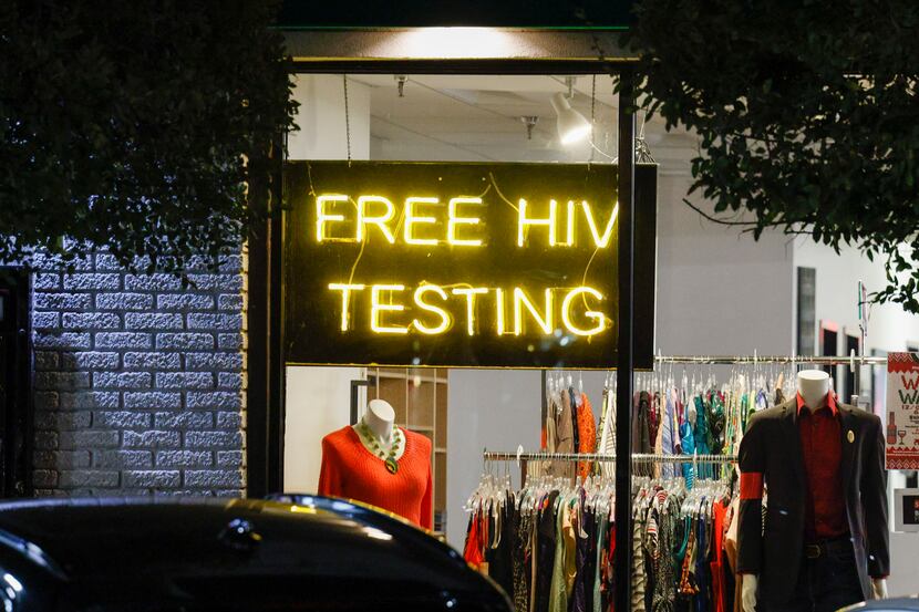 A sign advertises free HIV testing in the Oak Lawn neighborhood of Dallas on Nov. 22, 2022.