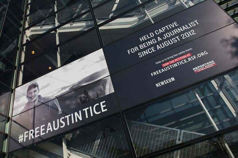 A banner calling for the release of Austin Tice, the only American journalist held captive...