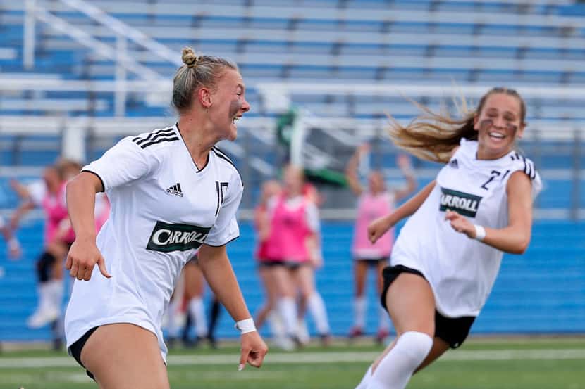 Southlake Carroll midfielder Kennedy Fuller (10) celebrates her goal during the first half...