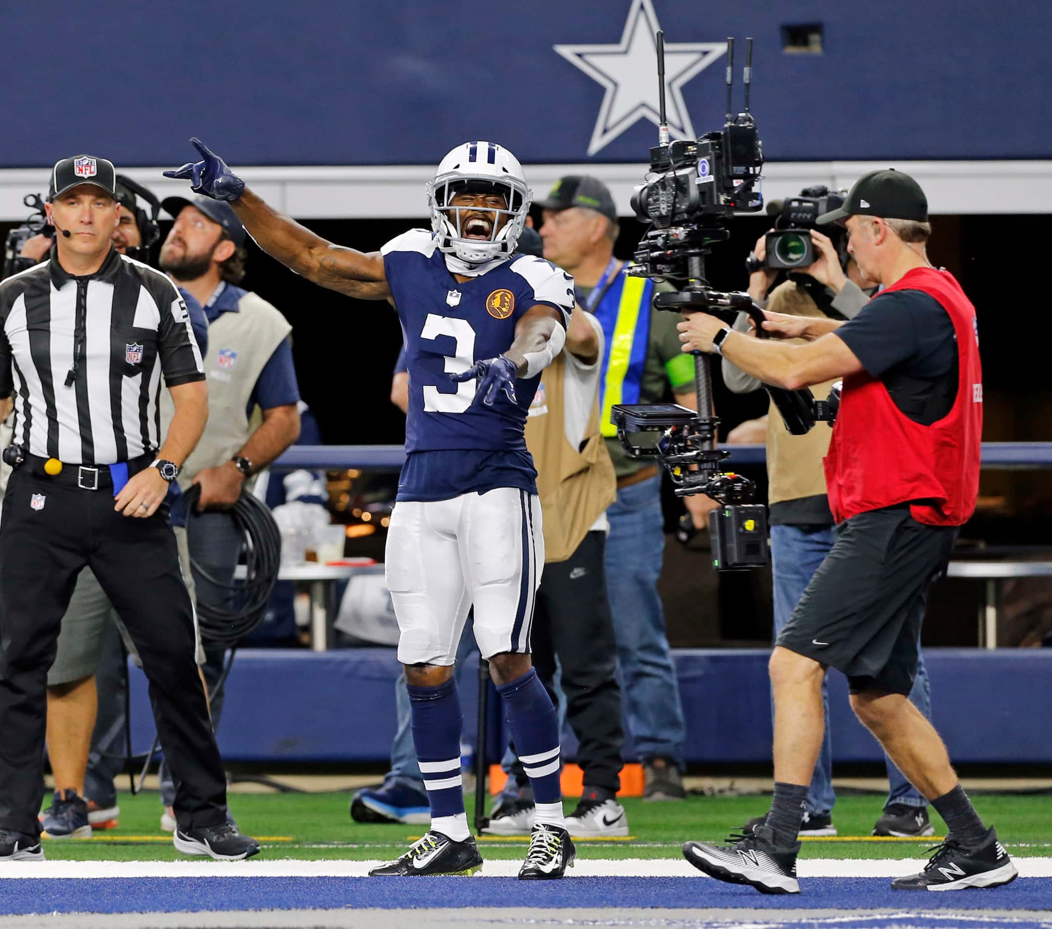 Dallas Cowboys wide receiver Brandin Cooks (3) celebrates his touchdown during the first...