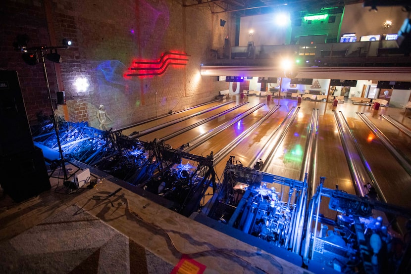 A view of the bowling lanes from the stage that fronts them shows the setup at Bowlski's.