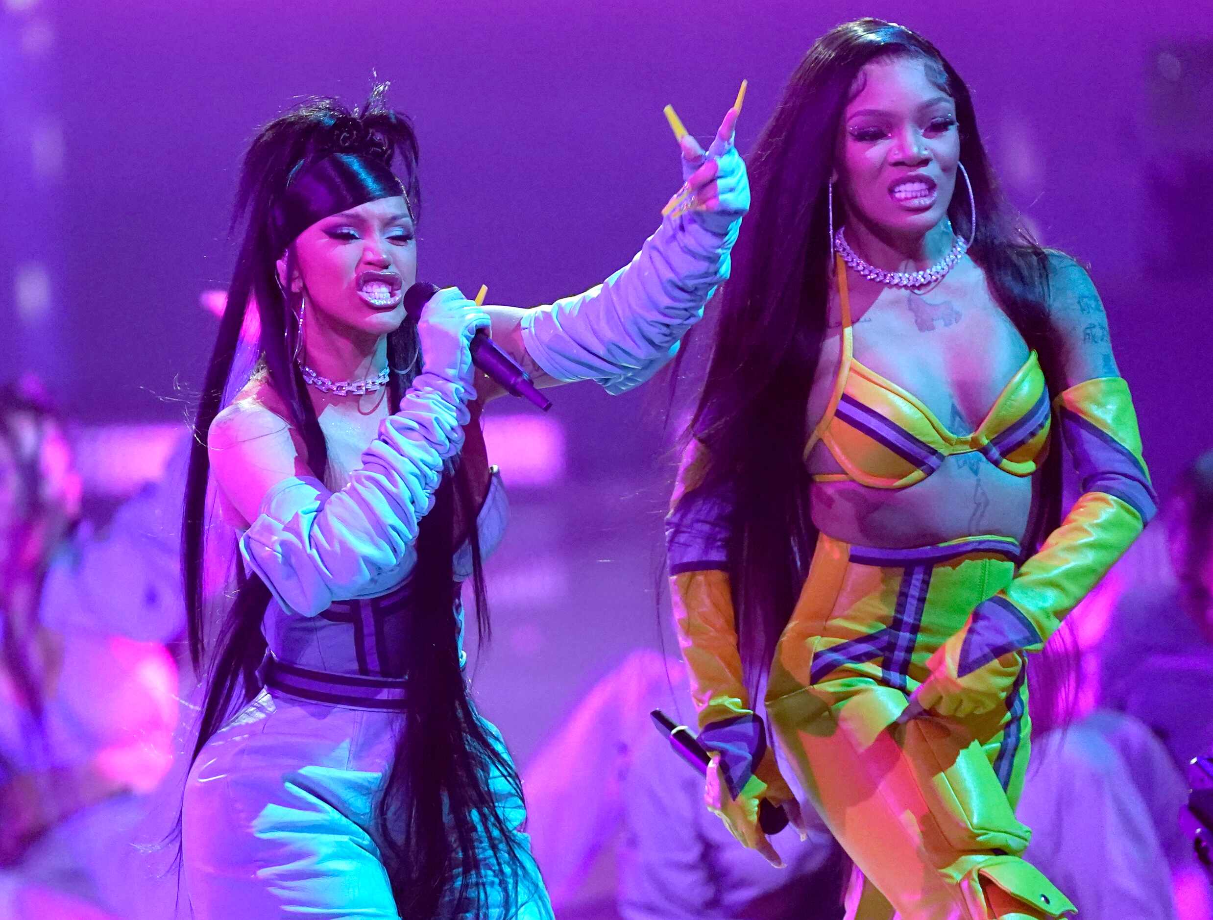 Cardi B, left, and GloRilla perform "Tomorrow 2" at the American Music Awards on Sunday,...