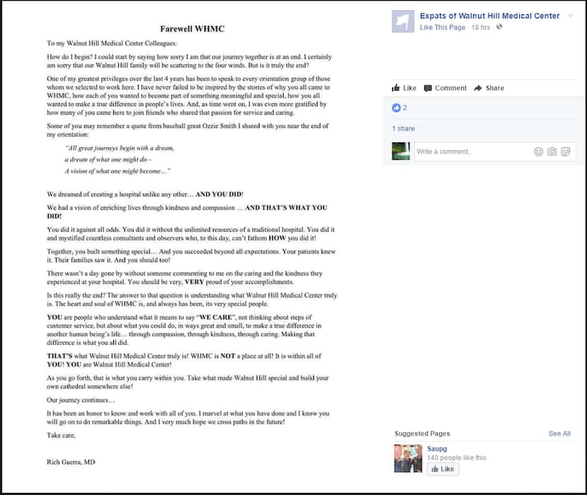 A screenshot of the letter that was posted on a Facebook page called "Expats of Walnut Hill...