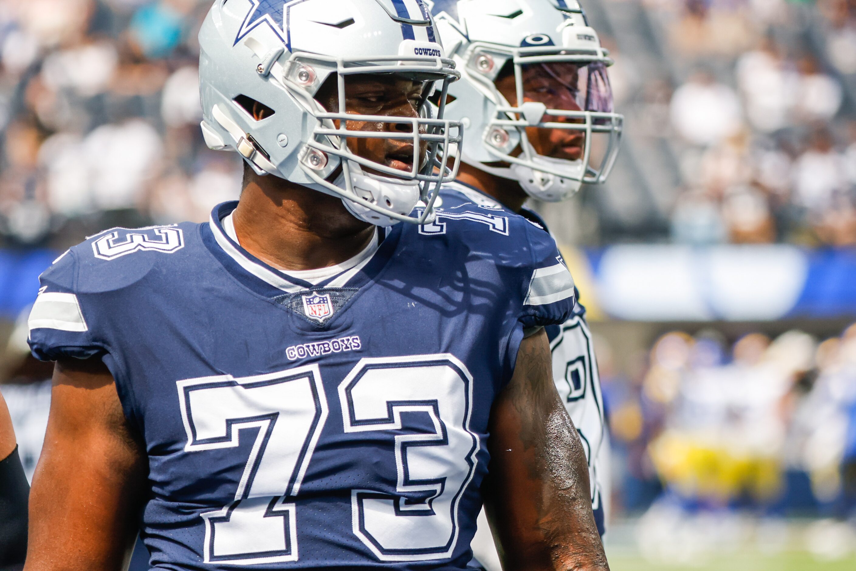 Dallas Cowboys offensive tackle Tyler Smith (73) during warmup at the SoFi Stadium in Los...