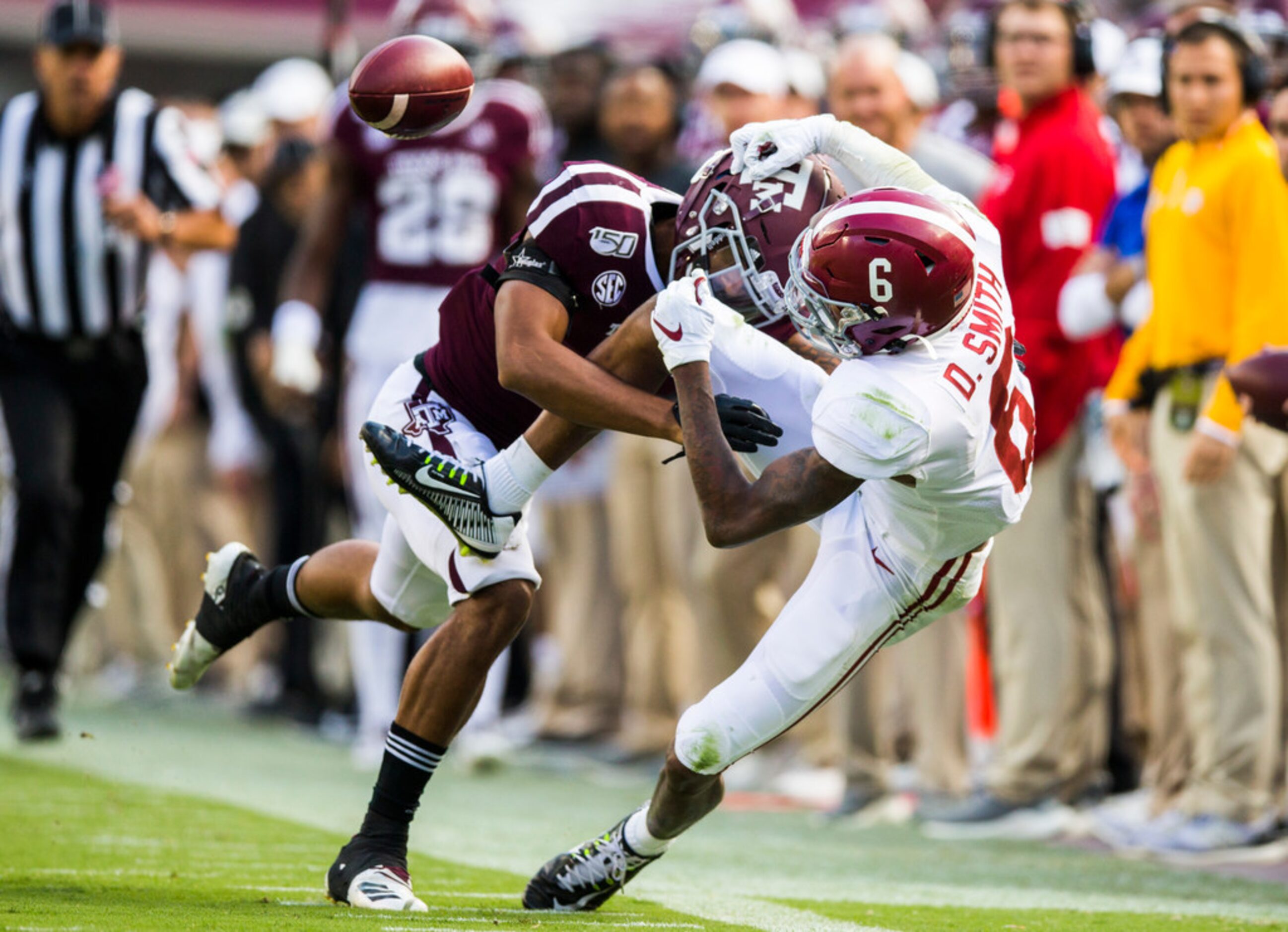 Texas A&M Aggies defensive back Elijah Blades (2) prevents a catch by Alabama Crimson Tide...