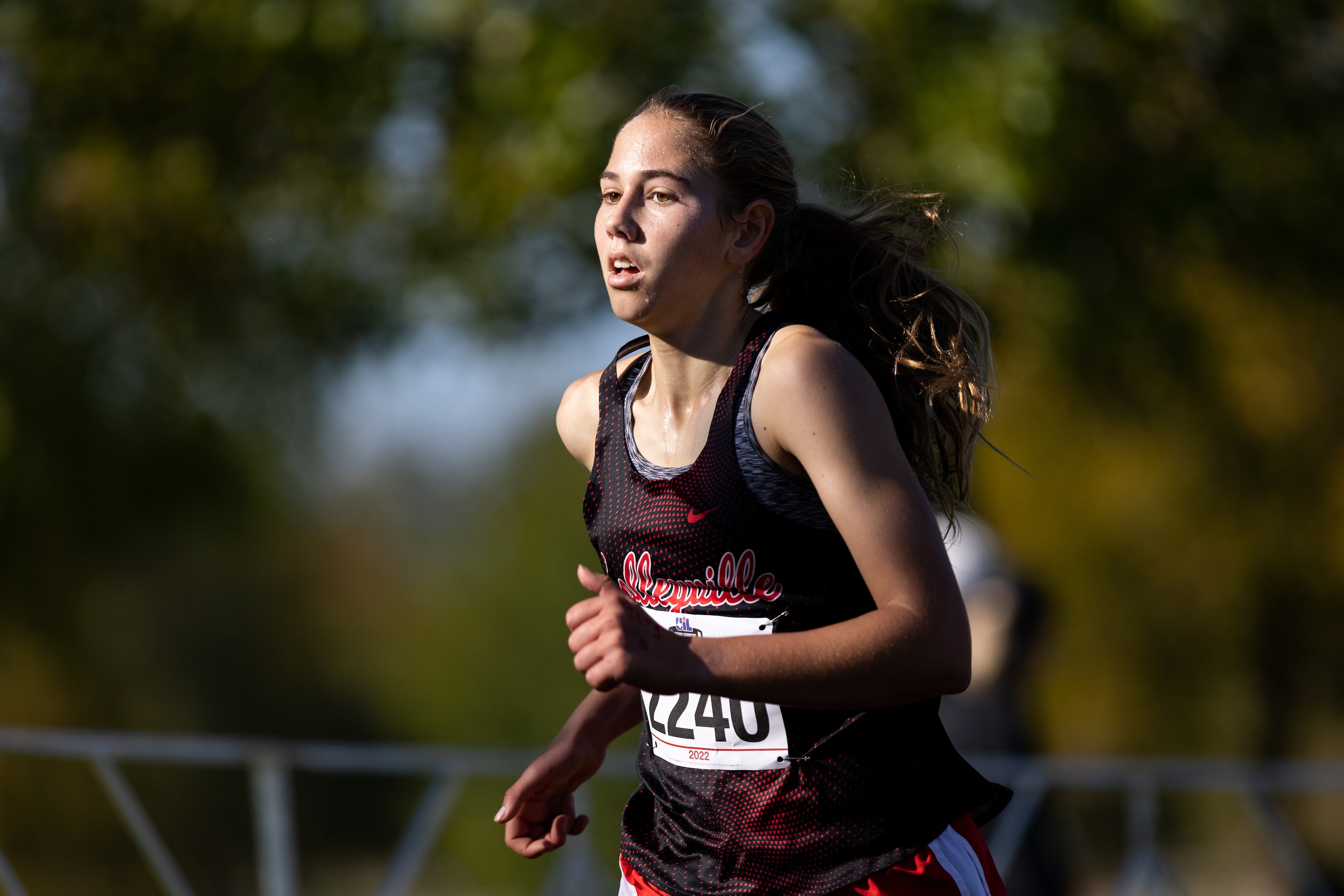 Allie Love of the Colleyville Heritage Panthers competes in the 5A girls’ 3200m race during...