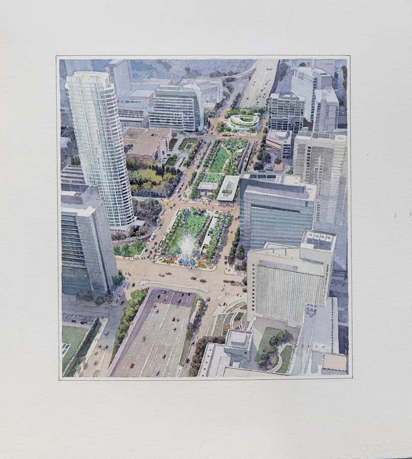 An artist's rendering offers a bird's-eye view of the Klyde Warren Park extension.