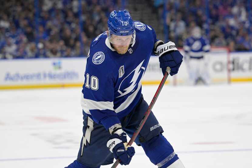 Tampa Bay Lightning right wing Corey Perry shoots during the third period of Game 4 of the...