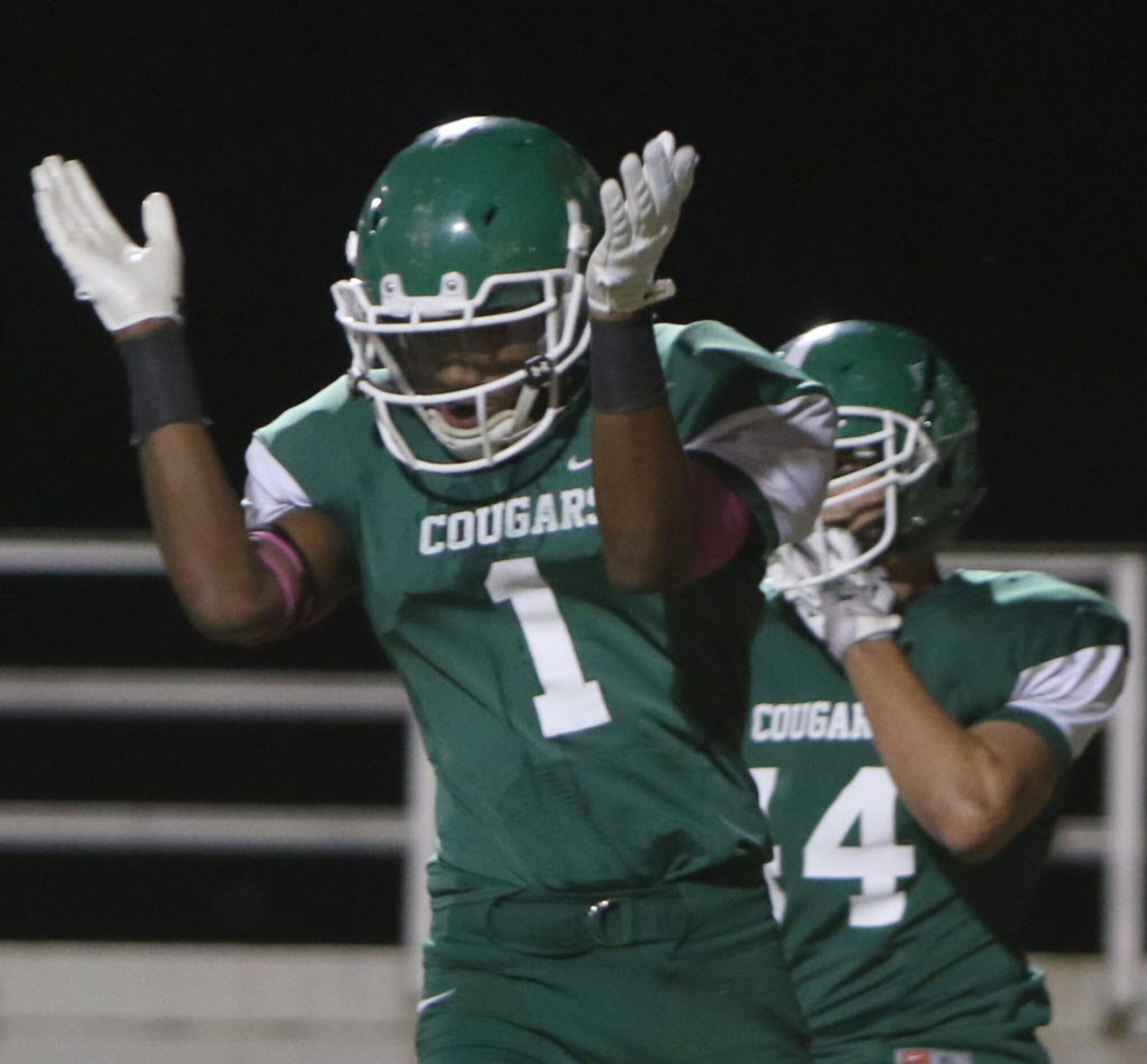 Bryan Adams defensive back Nathan Stewart (1) celebrates after returning an interception for...