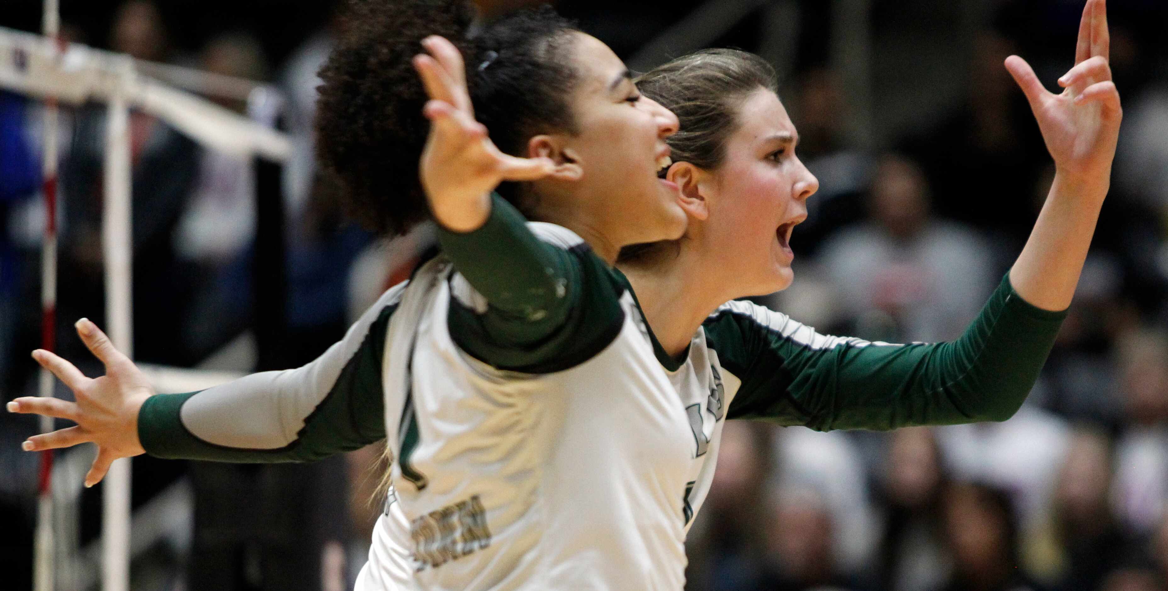 Prosper's Ayden Ames (9), right, and teammate Jayla Jackson (1) celebrate a point during the...