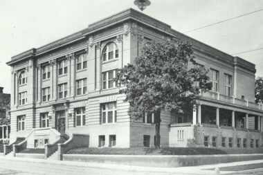 Photograph of the facade of Columbian Club at Ervay and Pocahontas Streets, date unknown. ...