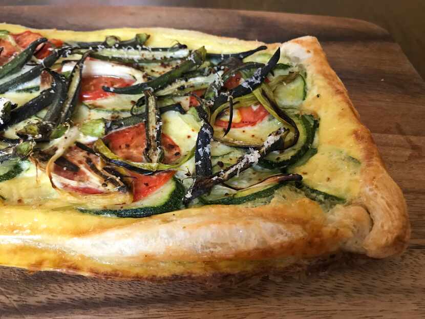 Zucchini, okra and tomato savory tart, after baking. I'd made a mess of it with the eggs,...